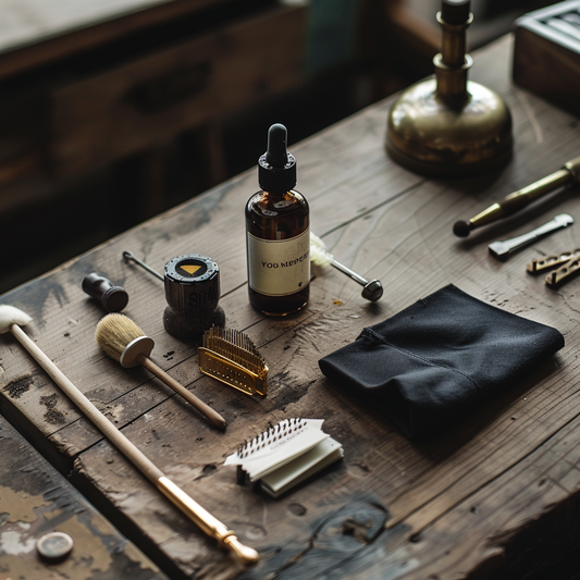 Workbench with a bottle of oil, a swab, a small brush, a tiny screwdriver set, a polishing cloth, all arranged neatly